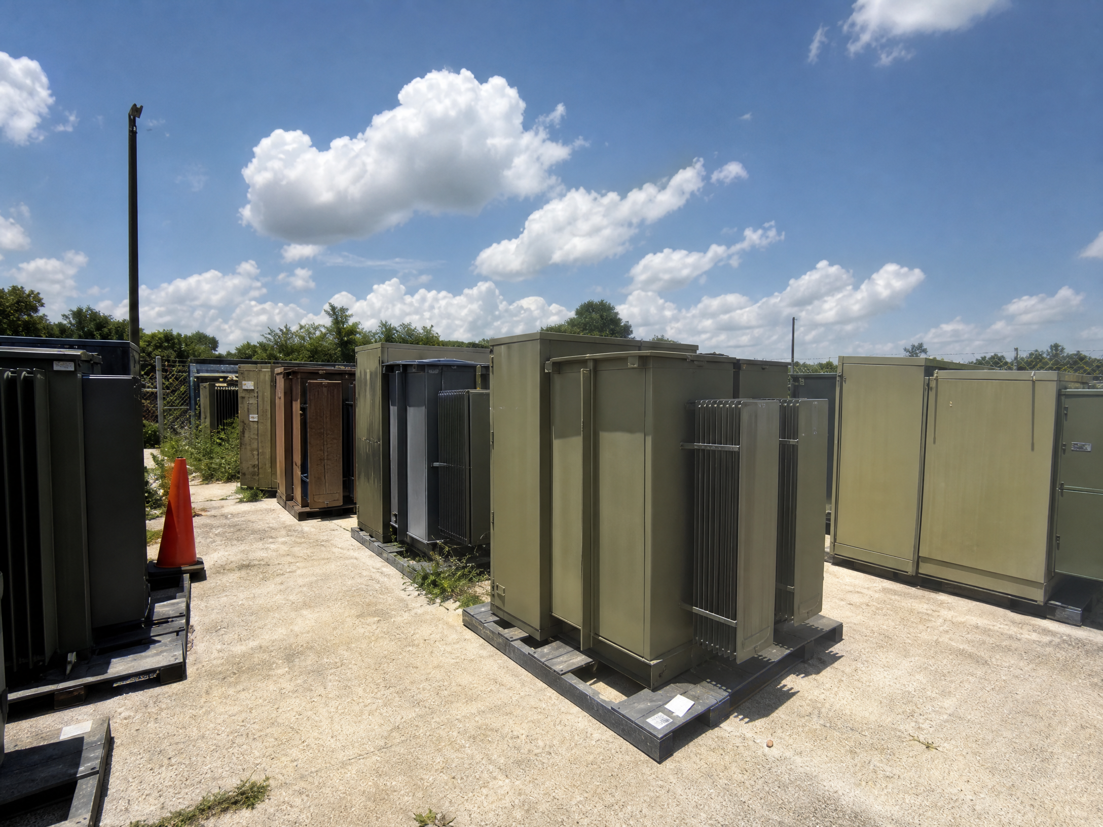 Power Demolition — transformer yard with rows of padmount transformers